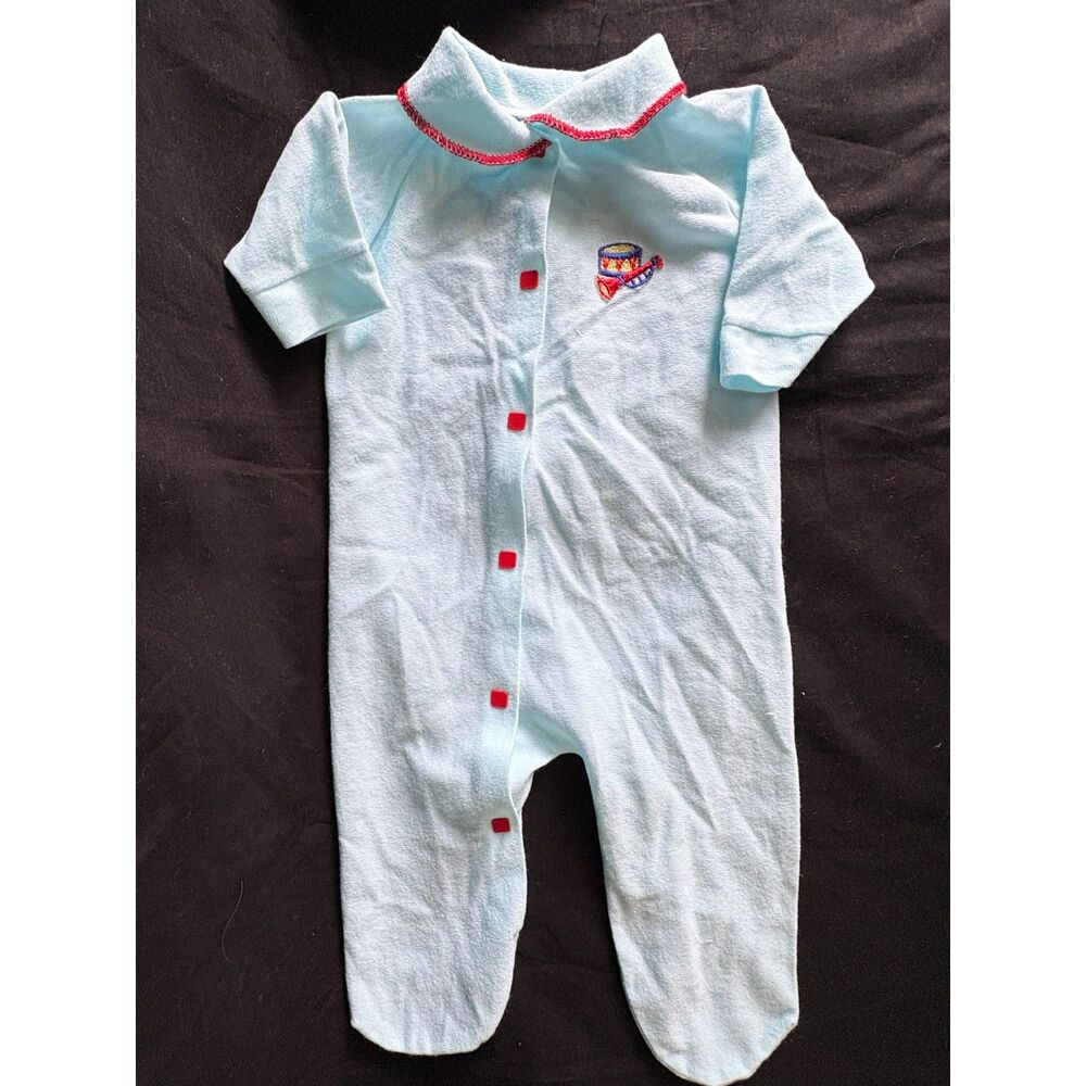 Vintage 70s 80s Baby Terry Cloth Footed Sleeper Blue Red Embroidered Drum